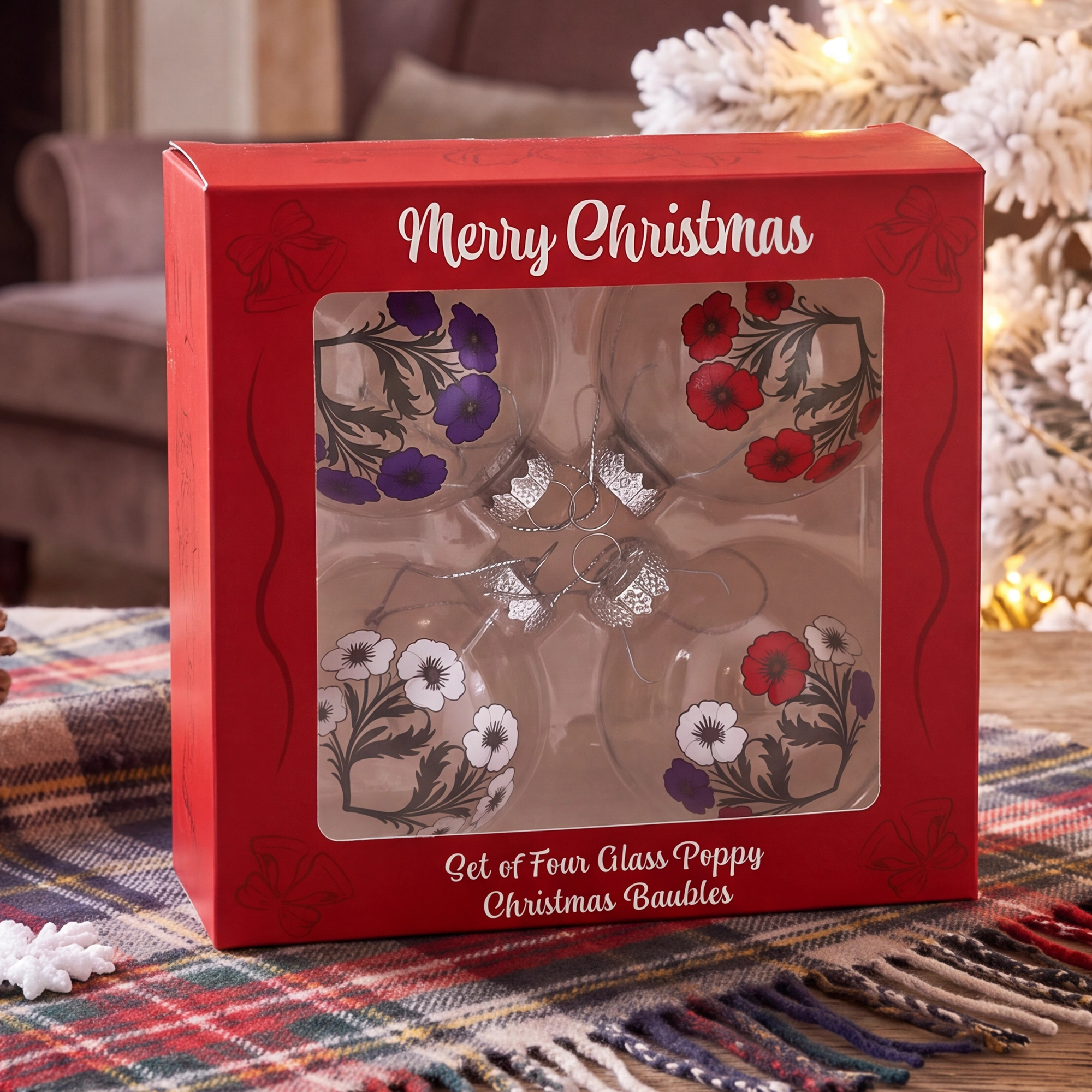 Glass Poppy Christmas Baubles in box